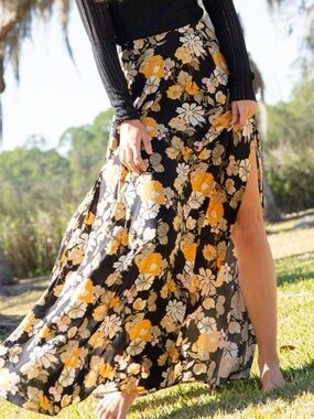NATURAL LIFE Black Maxi Skirt with Marigold & Cream Floral Print